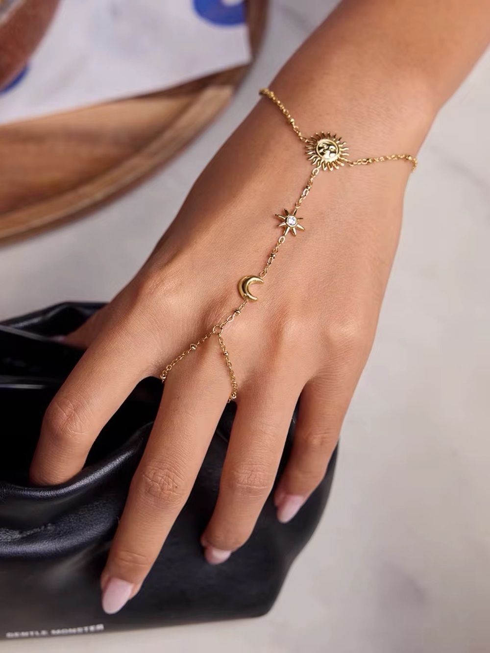 18K Gold Plated Sun and Moon Hand Chain Bracelet
